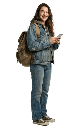 Female college student smiling at camera and holding a cell phone