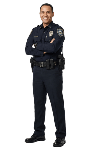 Male campus police officer with arms crossed smiling at camera