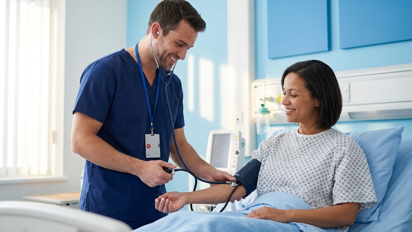 Healthcare - BadgeR+ - Candid- Male Nurse in Dark Blue Scrubs Taking Blood Pressure