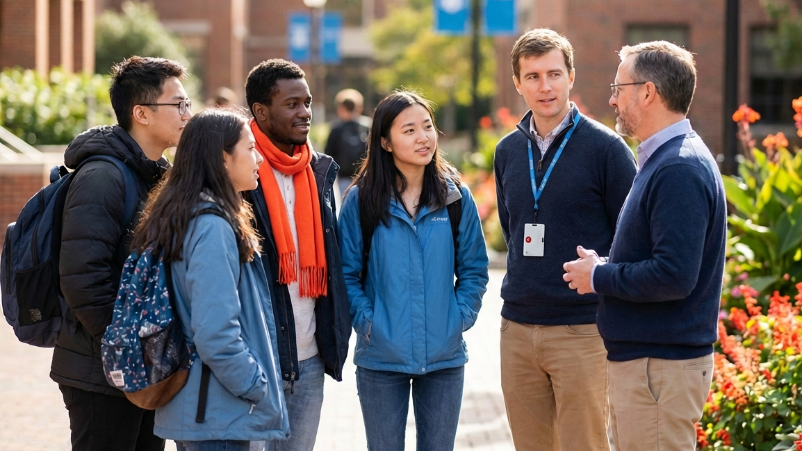 Higher Ed - BadgeR+ - Candid - Admins Speaking with Many Students on Campus_OpenArt Generator Photo