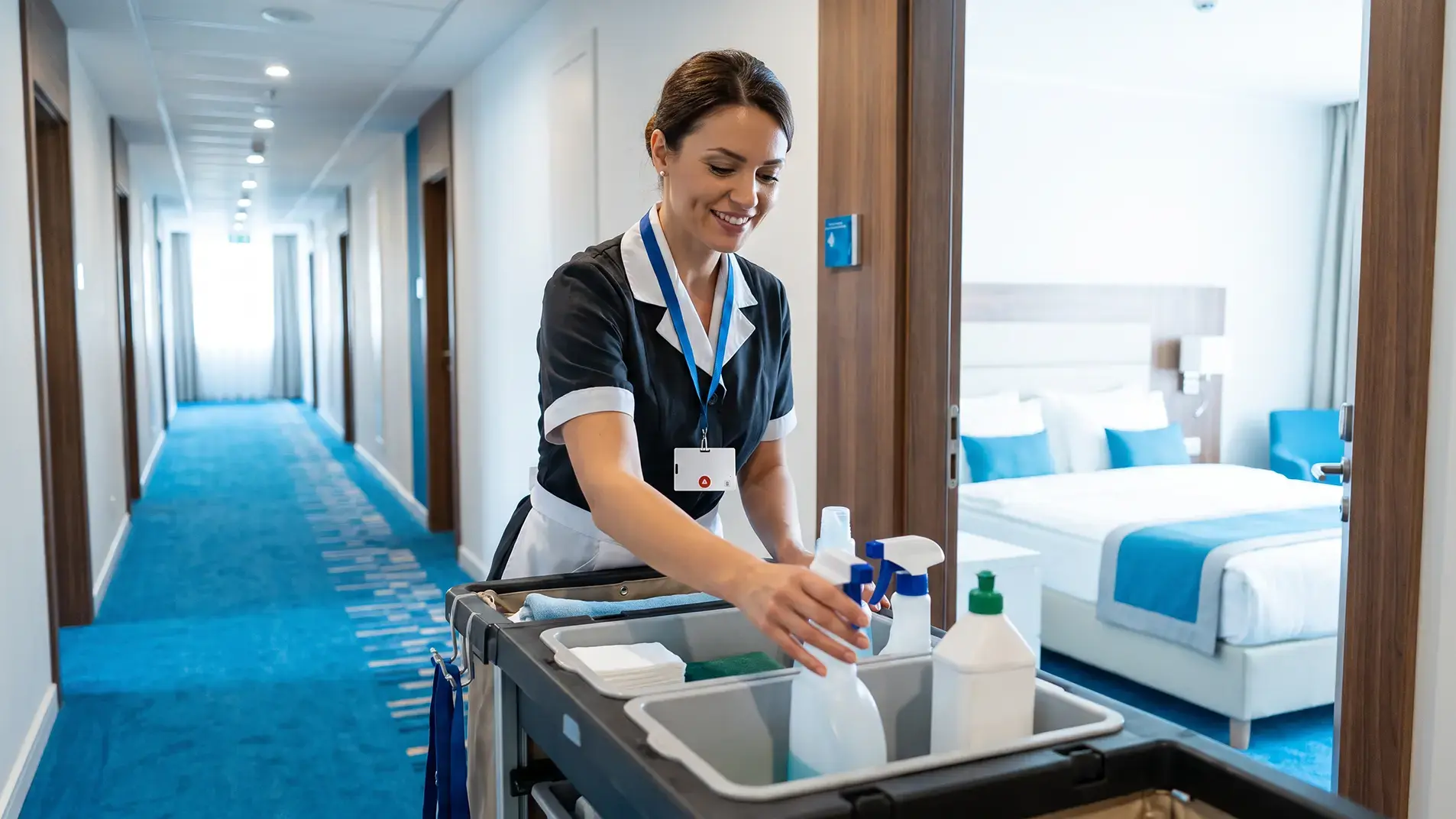 Hospitality - BadgeR+ - Candid - Female Hotel House Keeper in Hall Smiling